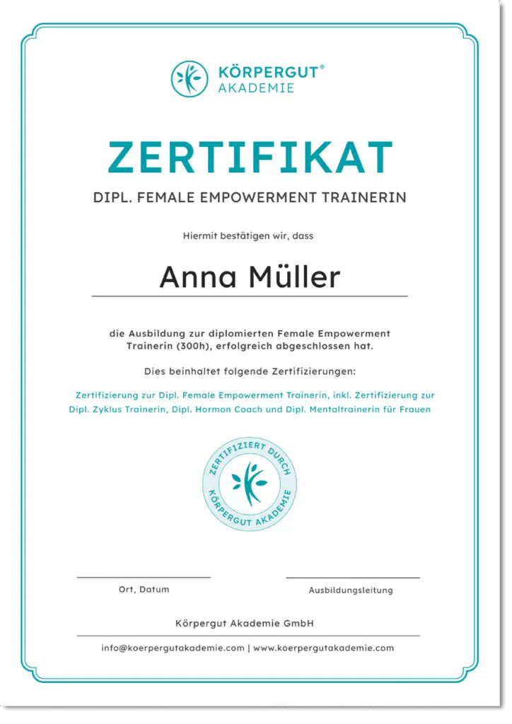 Zertifikat Diplomierte Female Empowerment Trainerin Körpergut Akademie